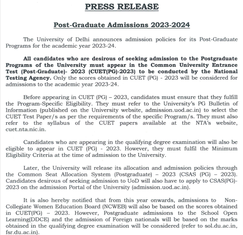 DU LLB PG Admission