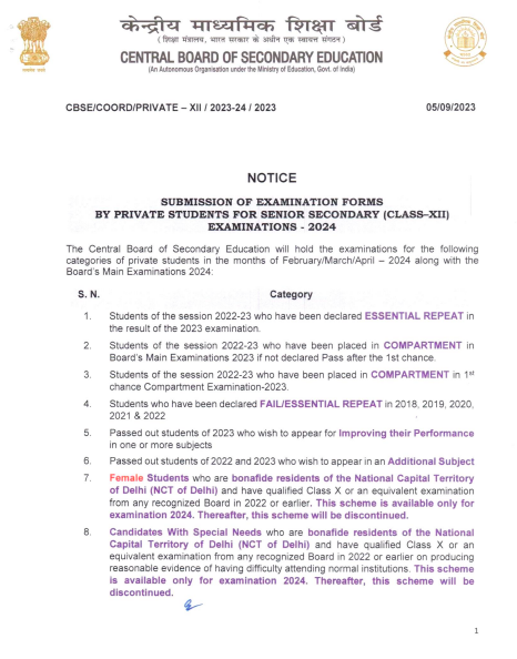 CBSE 12th Class Private Students Form