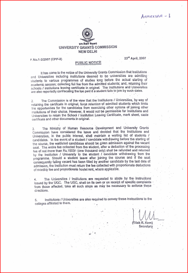 UGC Letter Regarding Non Refund of fees Annexture-I