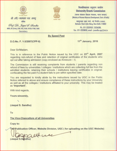 UGC Notification Regarding Original Documents