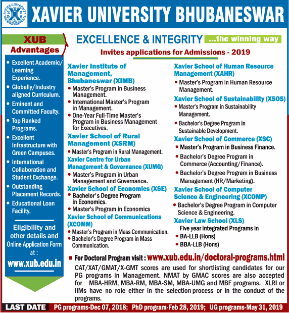 Xavier University Bhubaneswar Admission Notification 2019