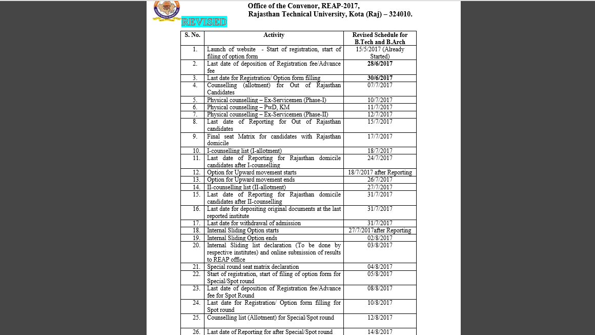 REAP Revised Schedule 2017