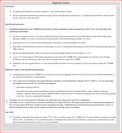 VIT Admission Eligibility Norms