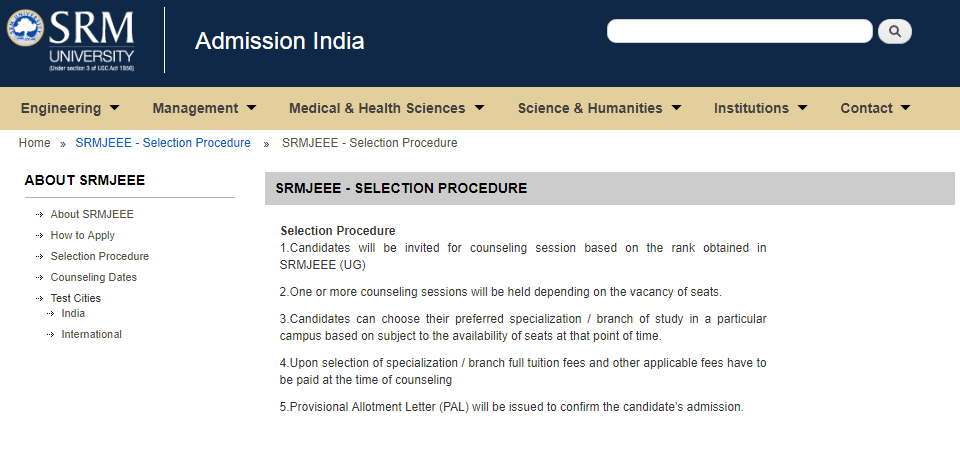 SRM University Selection Procedure