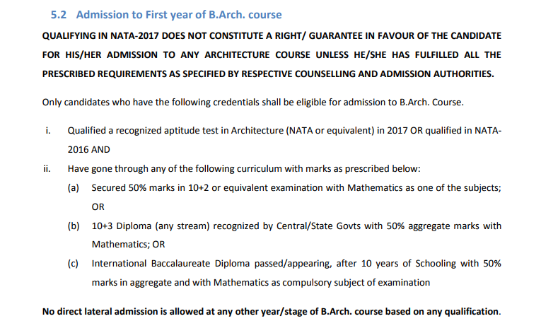 Admission to first year of B.arch. course