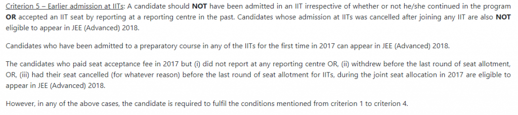 Eligibility no. 5 Earlier Admission at IITs