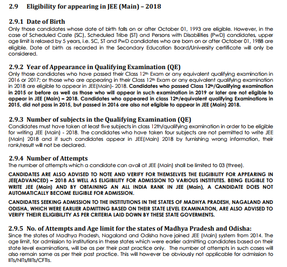 Eligibility for appearing in JEE Main 2018