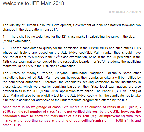 Important Points regarding JEE Main 2018