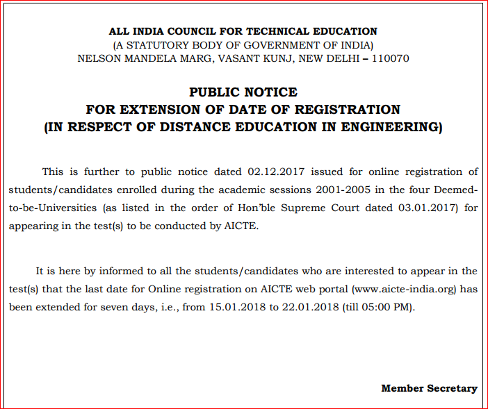 AICTE Notification Regarding Distance Engineering Education