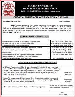CUSAT Admission Notification 2018