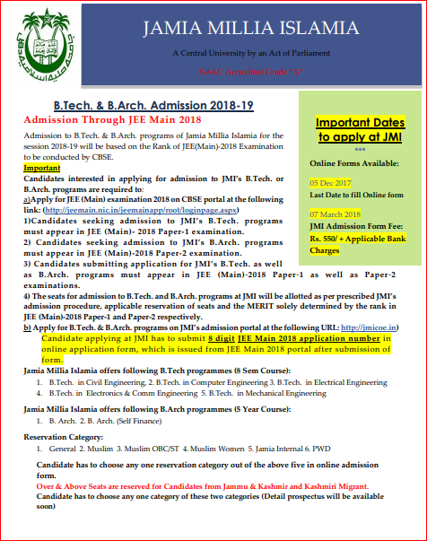 Jamia B.Tech and B.Arch Admission Notification 2018-19