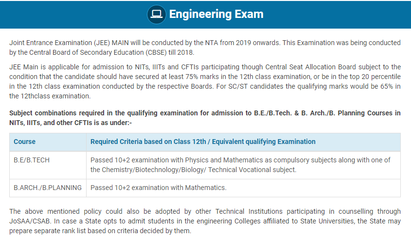NTA JEE Engineering Entrance Examination Eligibility Criteria