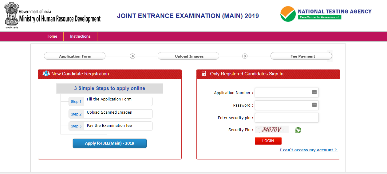 JEE Main 2019 Login Page