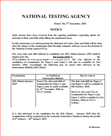NTA Date and Shift Notice