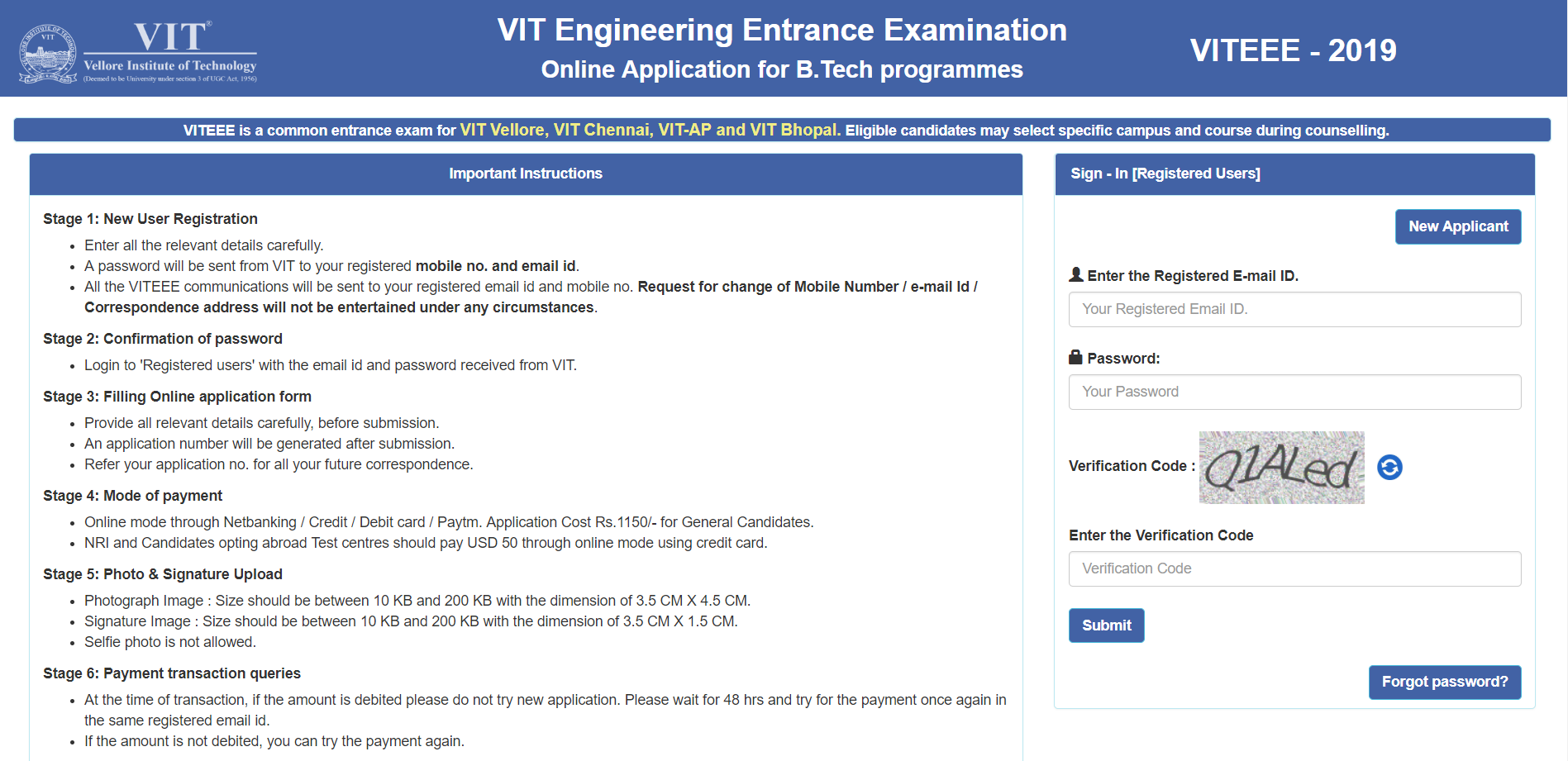 VIT Engineering Entrance Exam 2019 Login Page