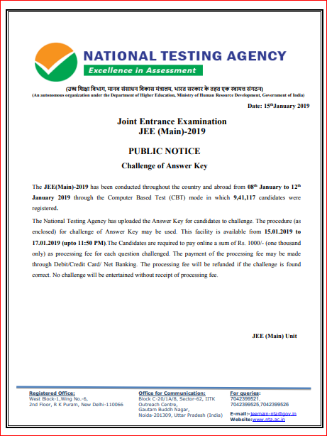 Challenging JEE Main Answer Key 2019