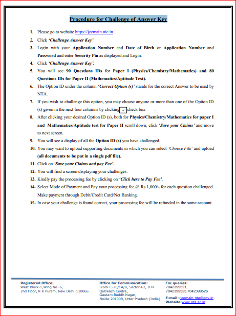 Procedure for Challenge of JEE Main Answer Key