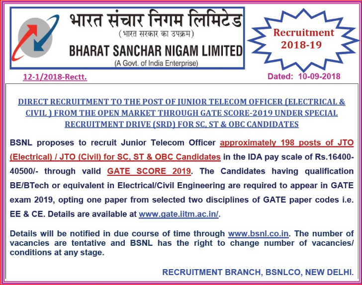 Recruitment of Graduate Engineer JTO through GATE Score 2019