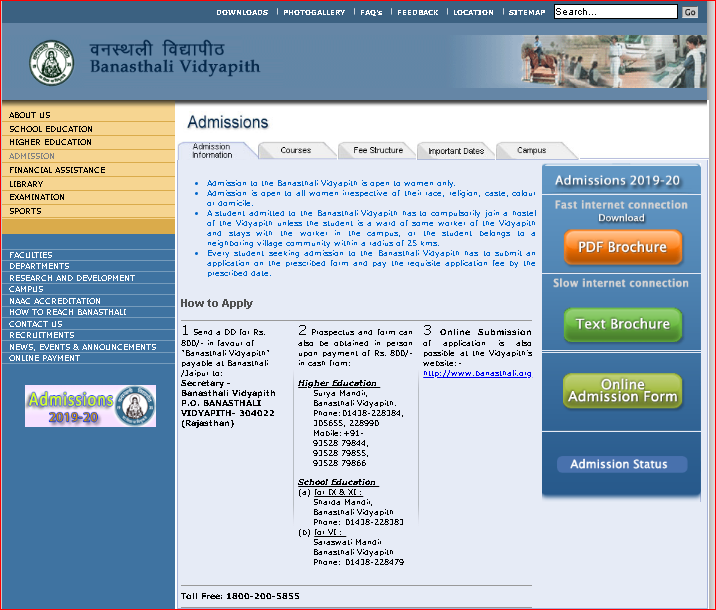 Banasthali Admission Notification 2019