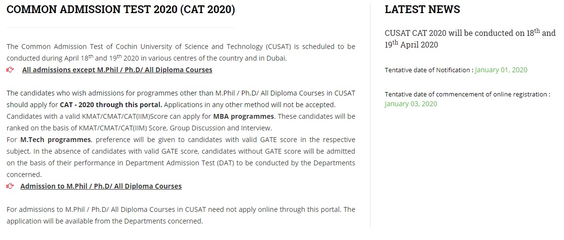 CUSAT CAT 2020 Exam Dates