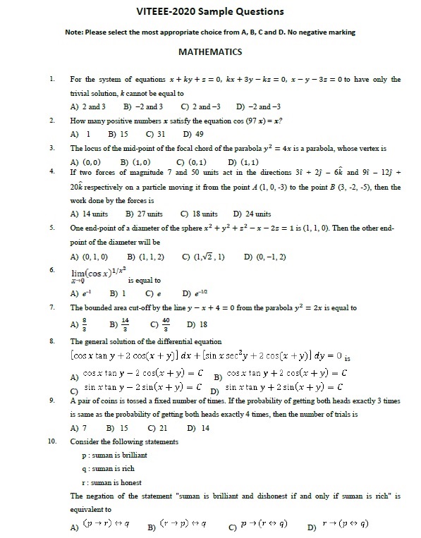 VITEEE 2020 Model Paper