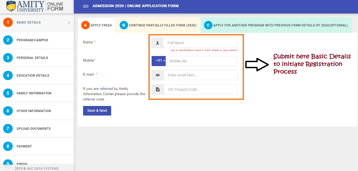 AMITY JEE Basic Registration