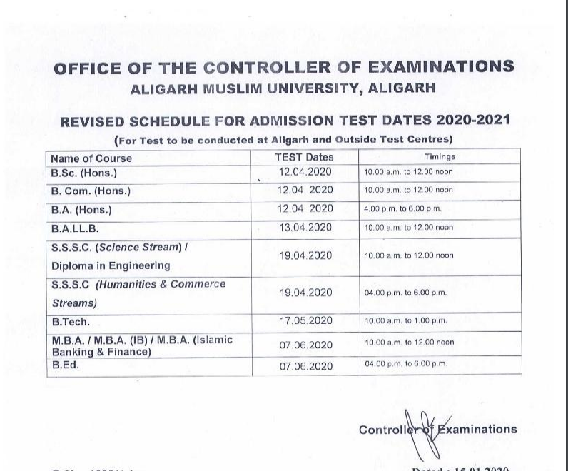 AMU 2020 Exam Schedule