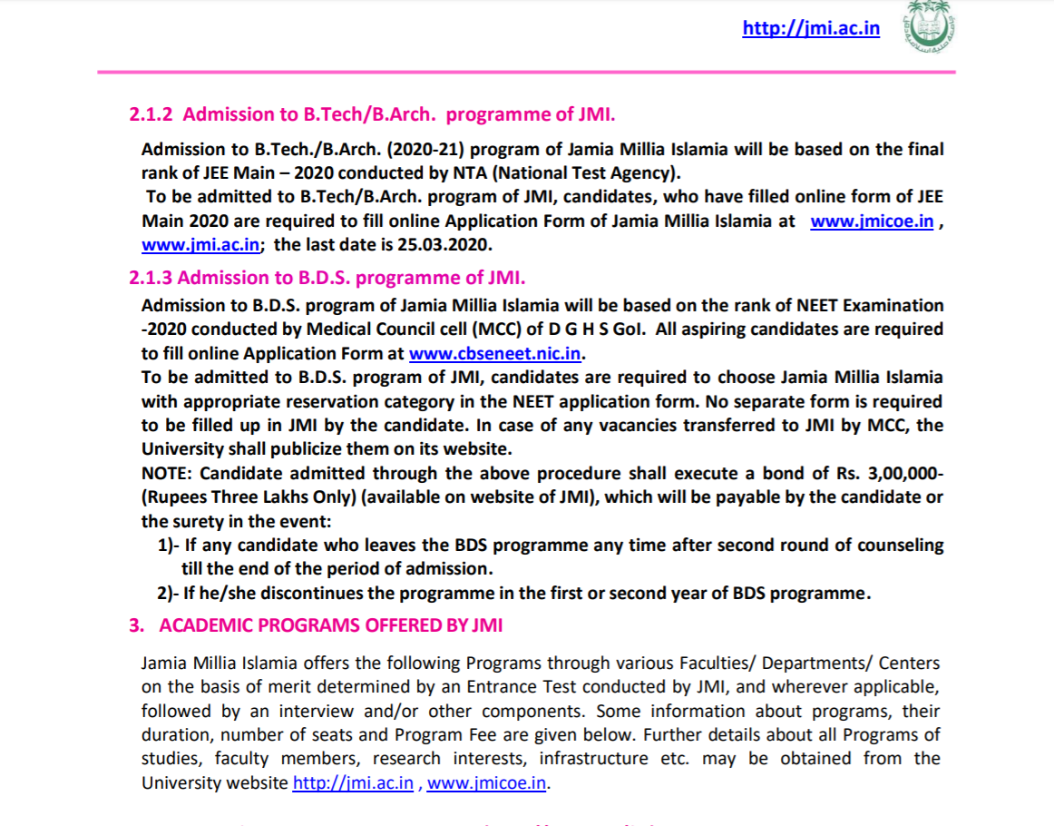 JMI 2020 Admission Notification