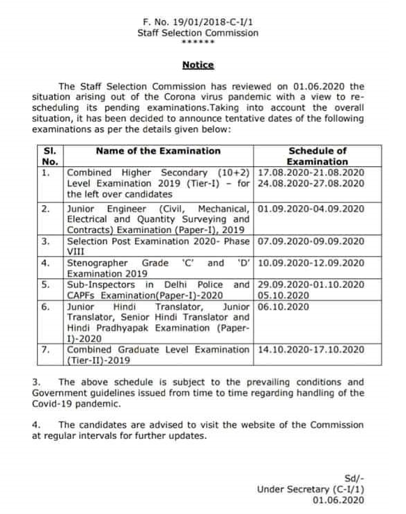 SSC Exam Dates June 2020