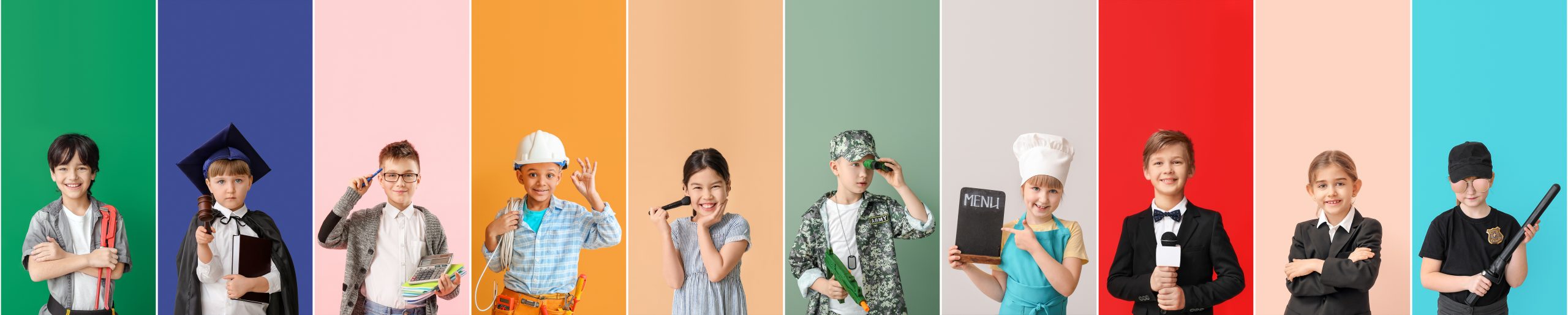 Collage with little children in uniforms of different professions on color background